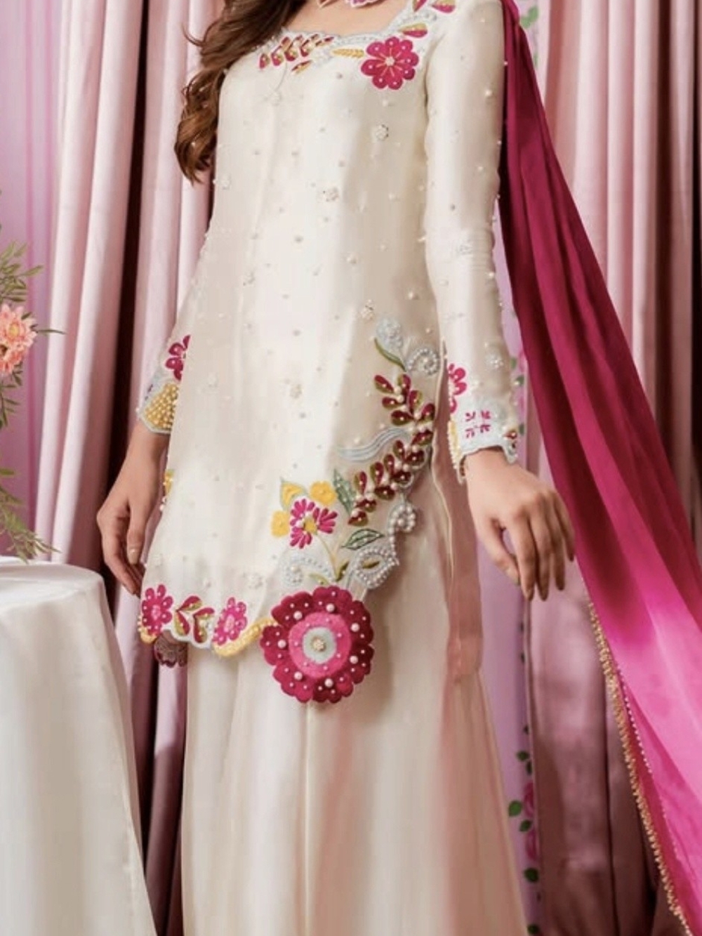 Elegant Cream Floral Embroidered Women's Dress with Pink Dupatta